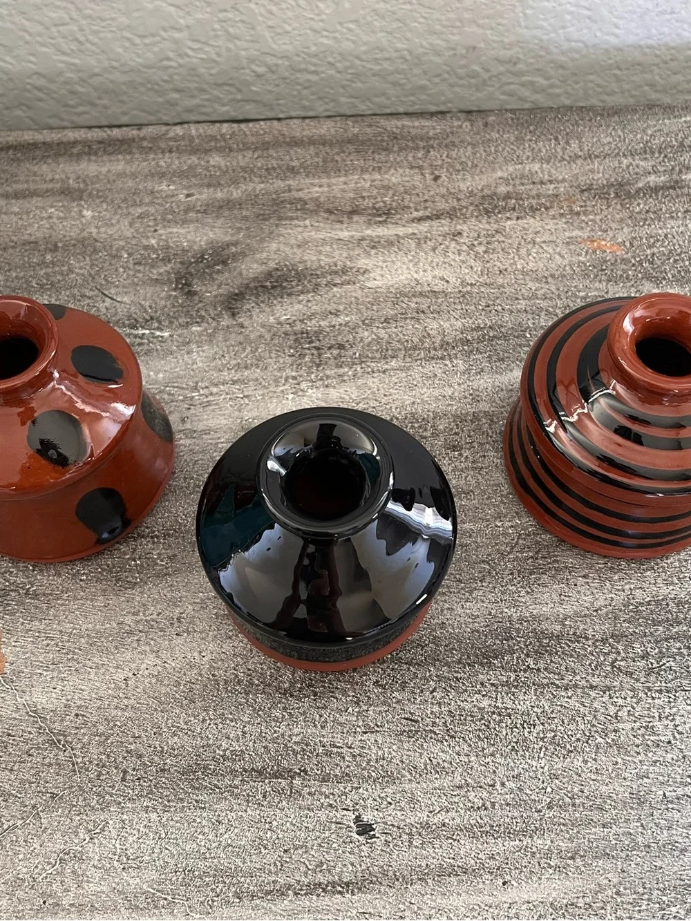 Set Of 3 Vintage Handthrown Redware Ceramic Inkwell or Vase Signed Nutt, MEL